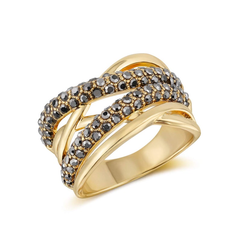 Mytys Statement Ring Art Deco Vintage Black Crystal Rhinestone Ring, Gothic Chunky Wide Band Cocktail Ring Silver Plated Women Fashion Jewelry (Gold & Black, 8) - Image 1
